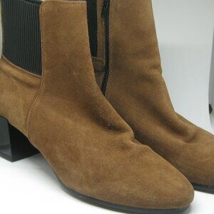 TopShop brown/black leather suede heeled ankle booties, size 9.5